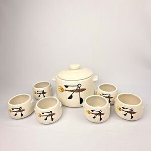 Vtg West Bend Stoneware Bean Pot & 6 Bowls Retro 1960s Utensil Soup Crocks USA